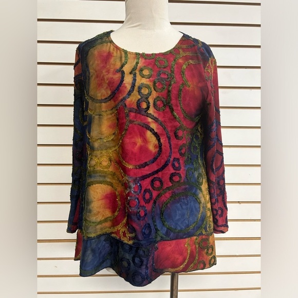 Ali Miles‎ Multi Color Artsy Knit Stretch Crew Neck Lagenlook Long Sleeve Top PL - Picture 1 of 8